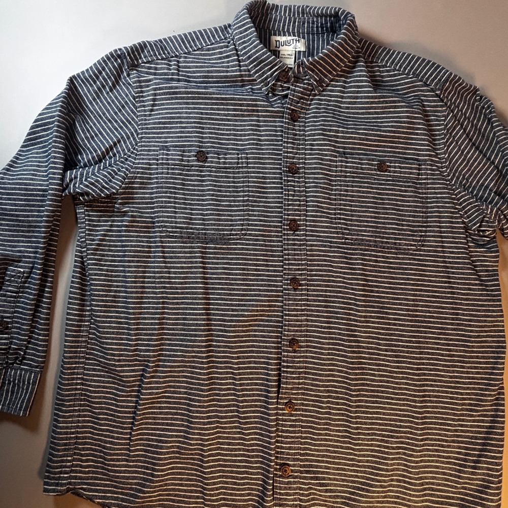 Duluth Trading Co Mens 2XL Tall Button Up Shirt Blue Stripe Work Relaxed